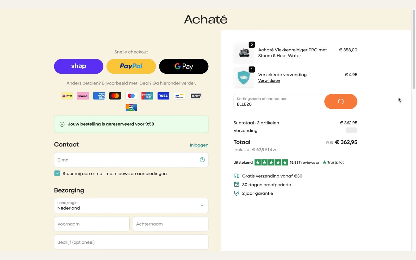 Achate afrekenscherm met kortingscodeveld