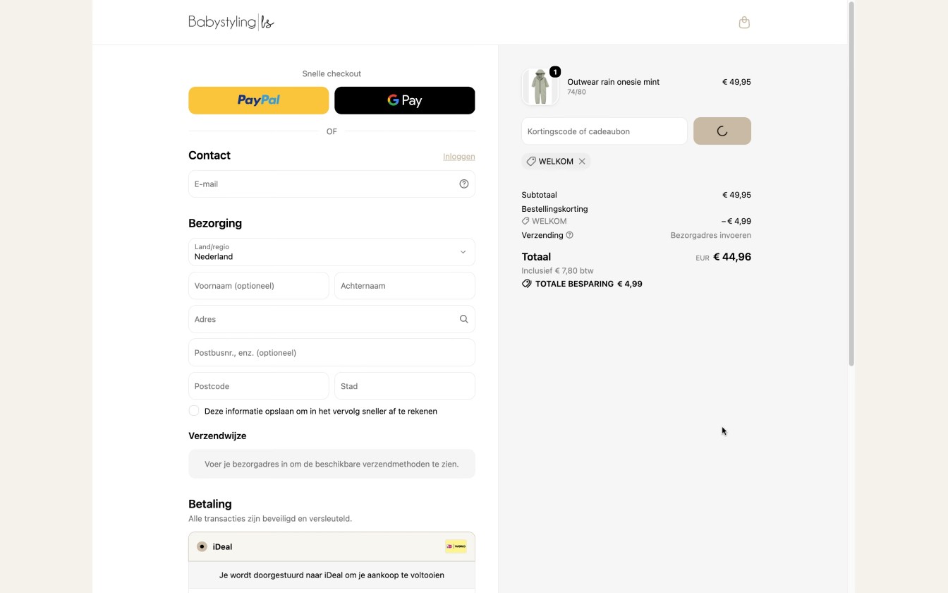 Babystyling afrekenscherm met kortingscodeveld