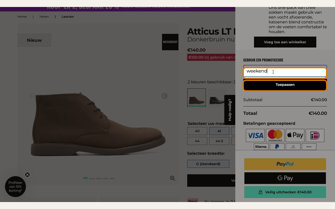 clarks afrekenscherm met kortingscodeveld