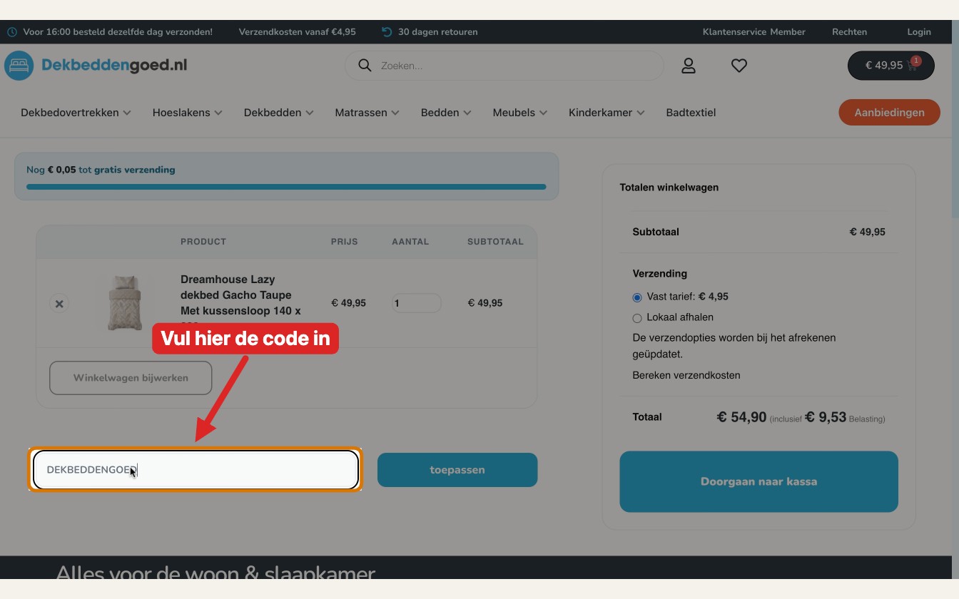 dekbeddengoed.nl afrekenscherm met kortingscodeveld