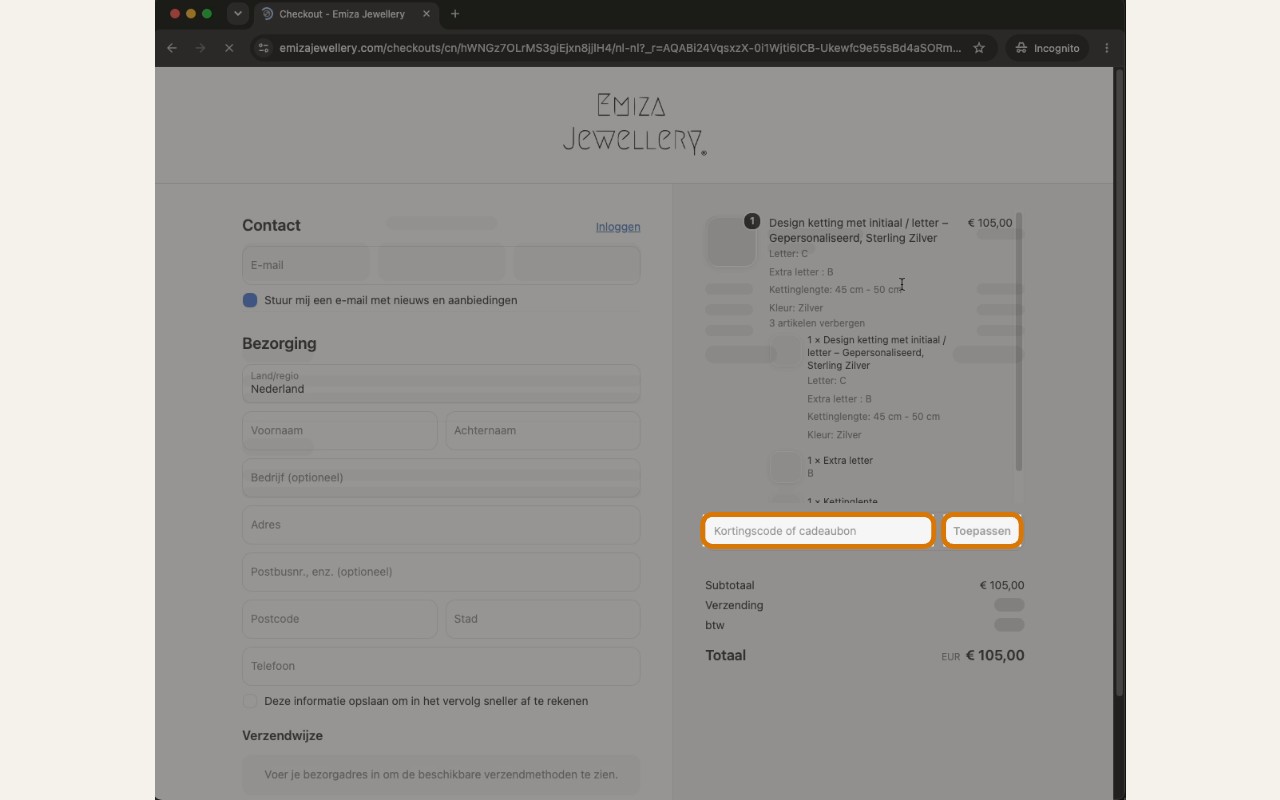 emizajewellery afrekenscherm met kortingscodeveld