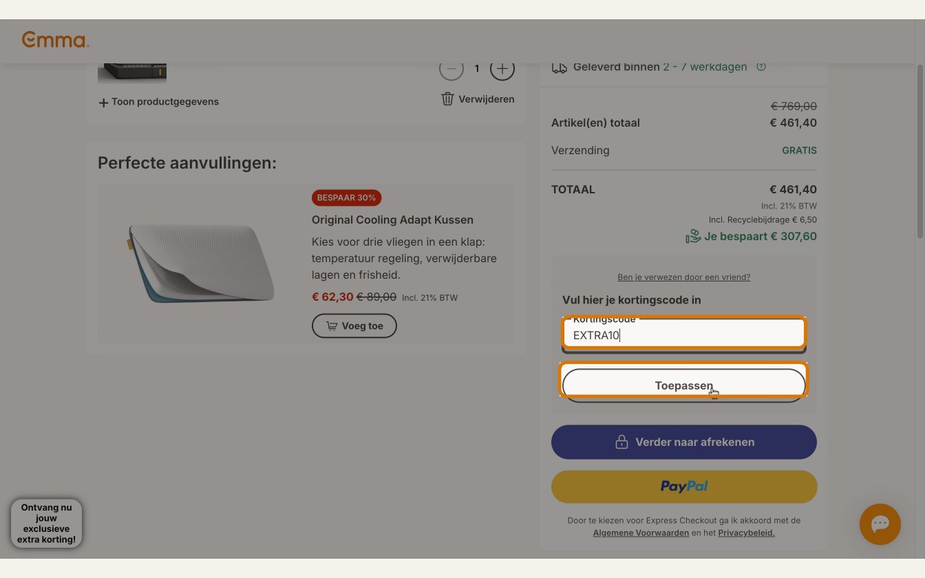 Emma afrekenscherm met kortingscodeveld