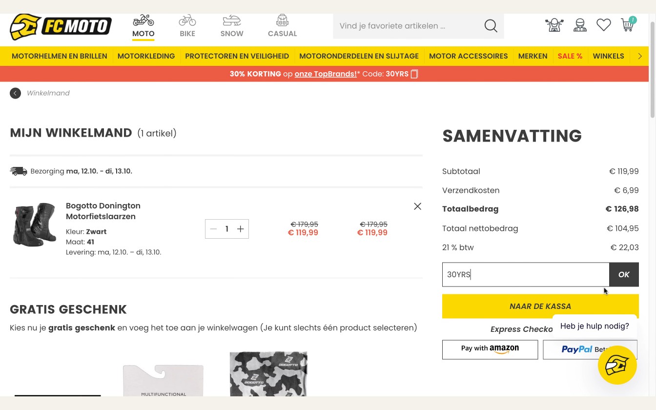 Fc-moto afrekenscherm met kortingscodeveld