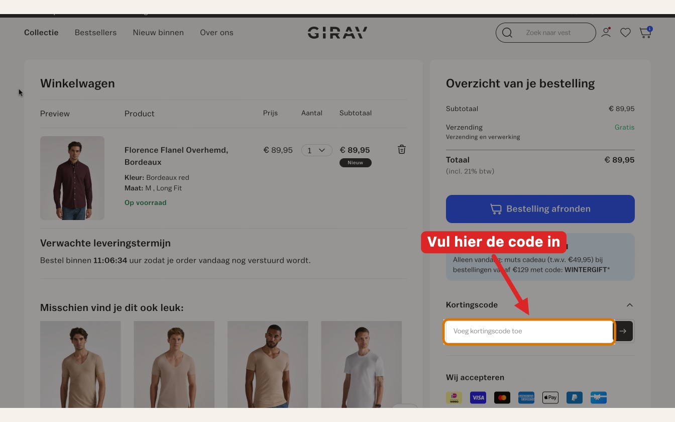 Girav afrekenscherm met kortingscodeveld