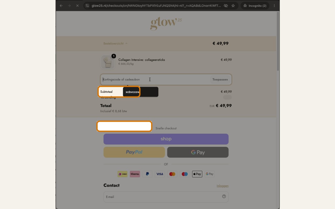 glow25 afrekenscherm met kortingscodeveld