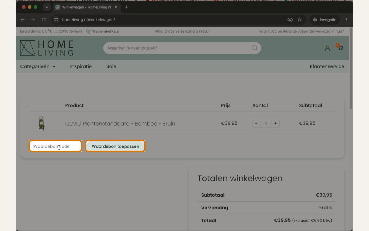 homeliving afrekenscherm met kortingscodeveld