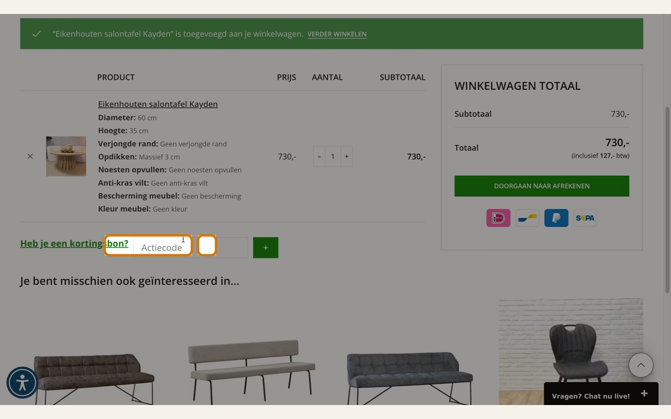 industrielemeubelshop afrekenscherm met kortingscodeveld