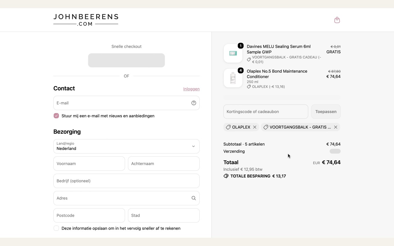 Johnbeerens afrekenscherm met kortingscodeveld