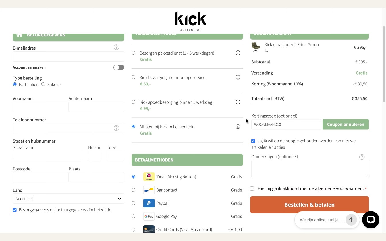 Kickcollection afrekenscherm met kortingscodeveld