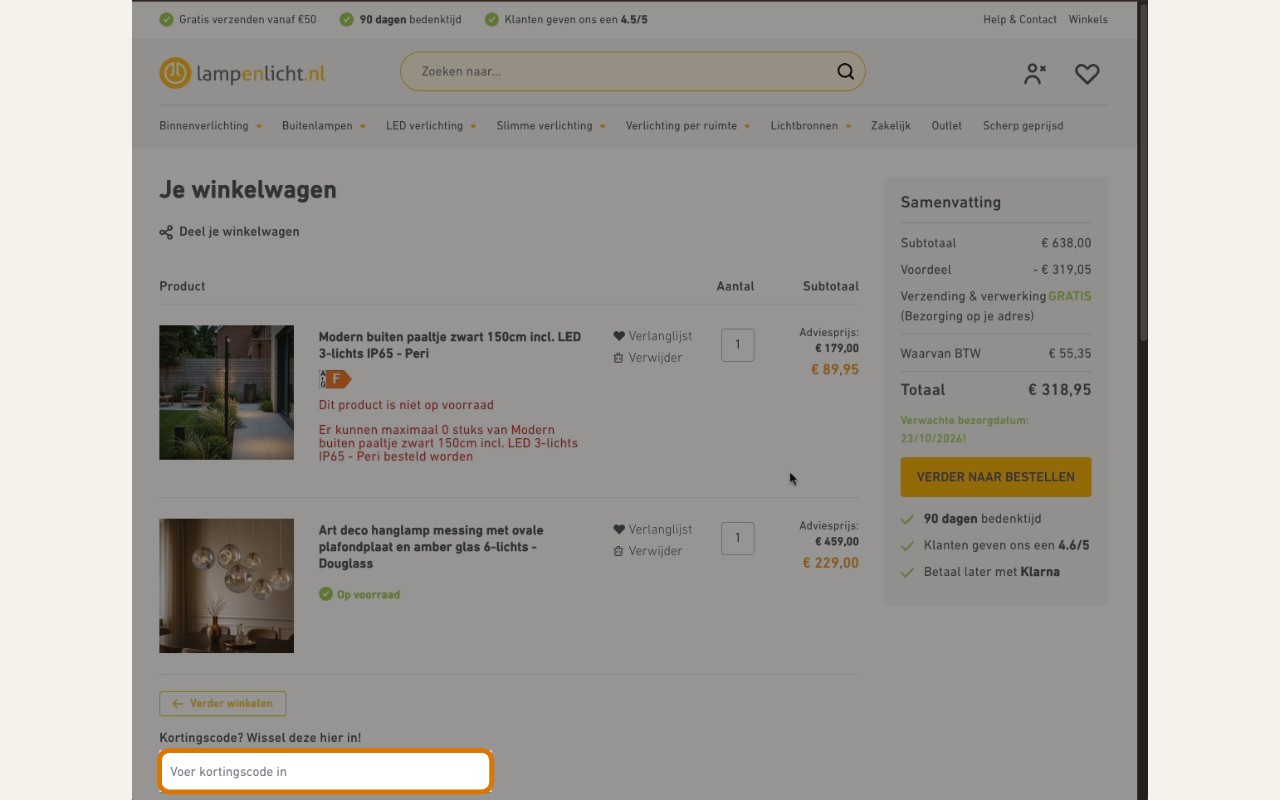 lampenlicht afrekenscherm met kortingscodeveld