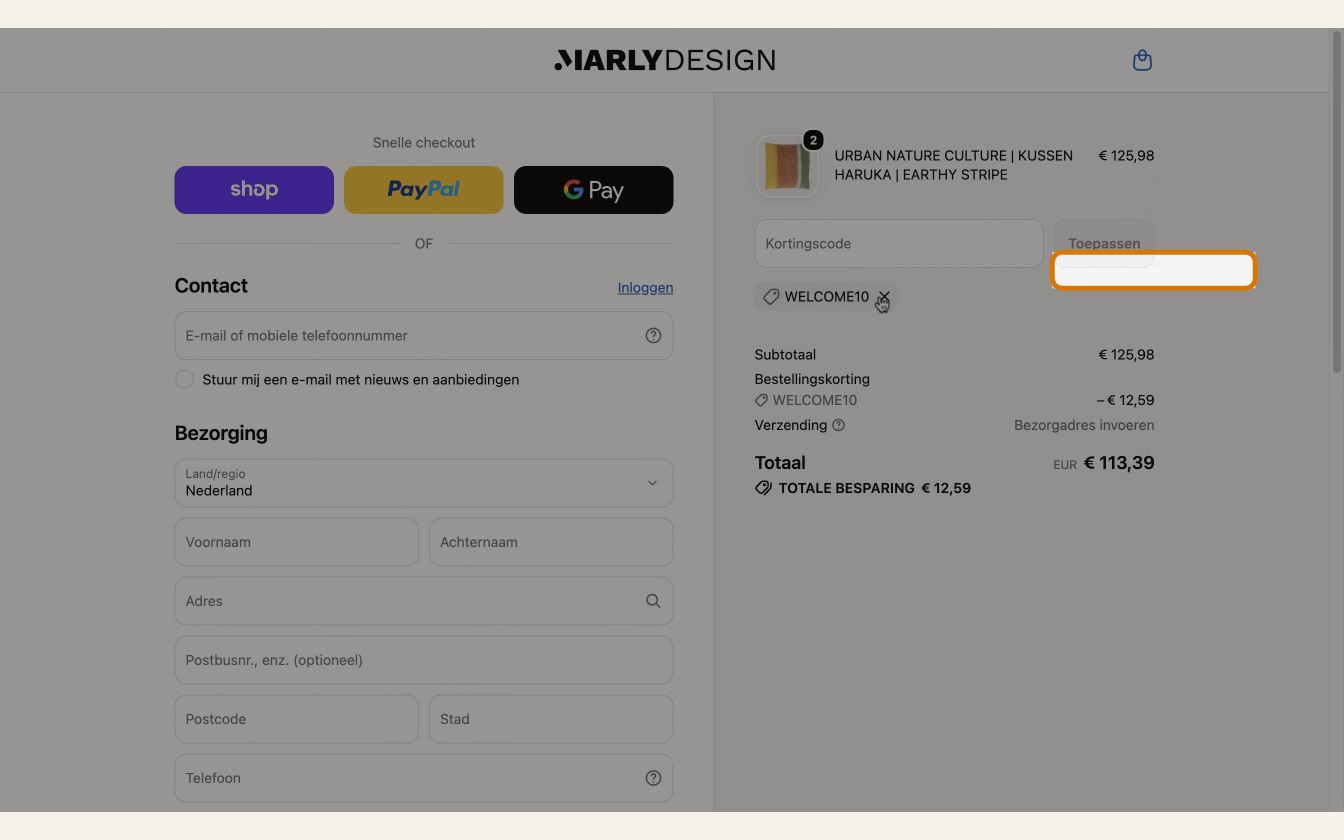 Marlydesign afrekenscherm met kortingscodeveld