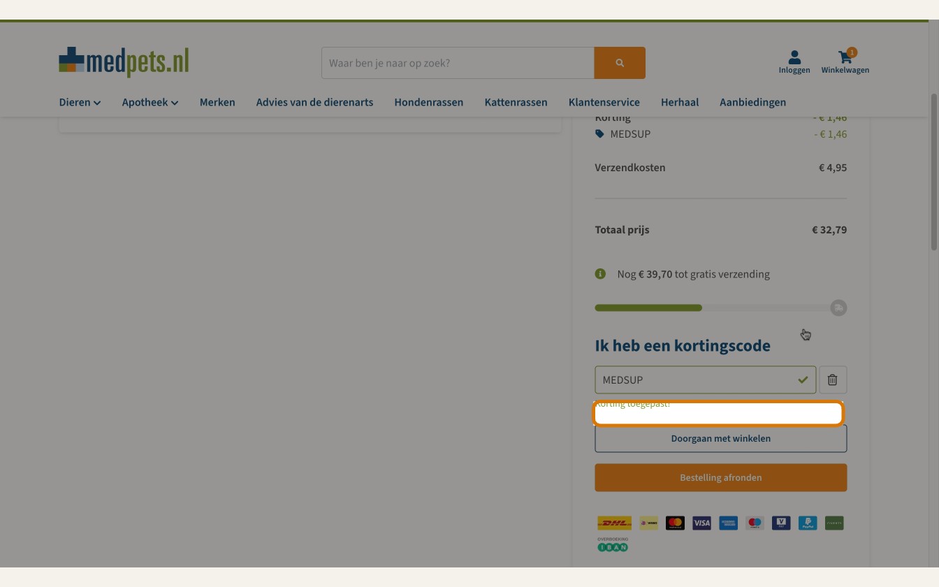 Medpets afrekenscherm met kortingscodeveld