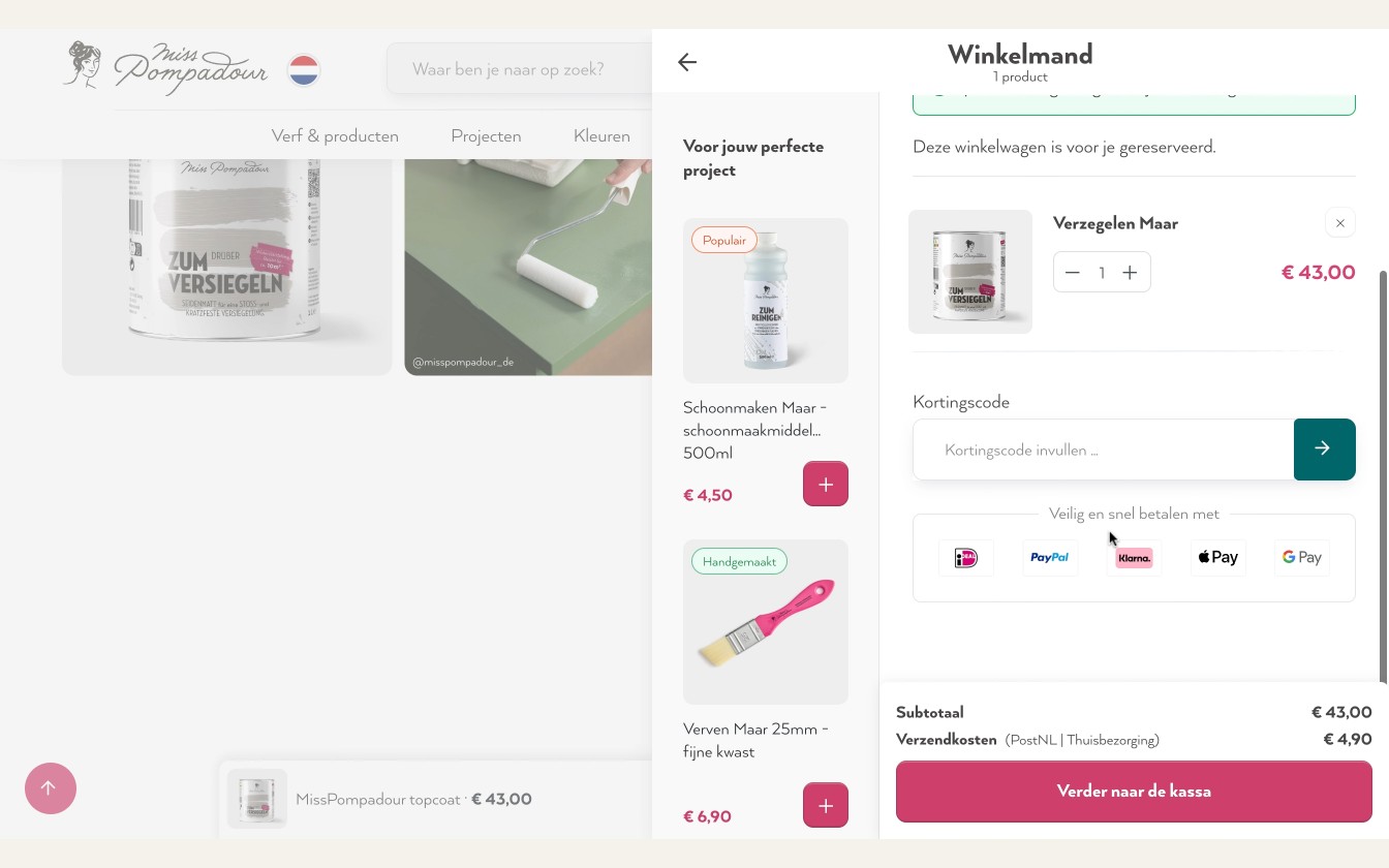 Misspompadour afrekenscherm met kortingscodeveld
