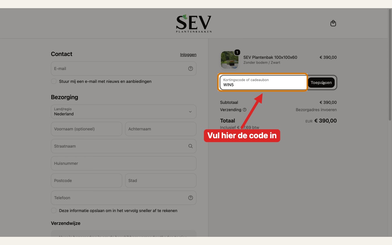 Sevplantenbakken afrekenscherm met kortingscodeveld