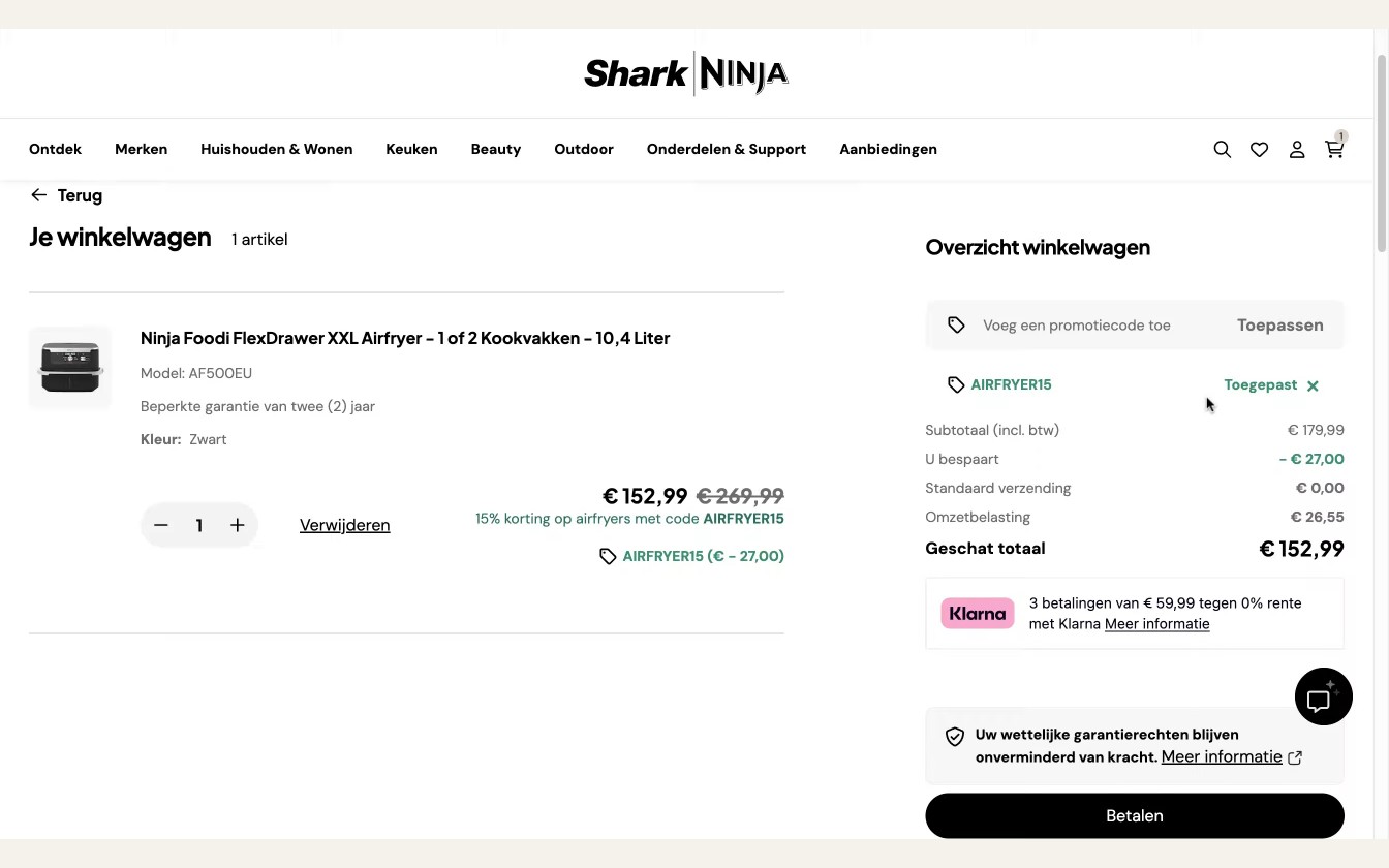 Sharkninja afrekenscherm met kortingscodeveld