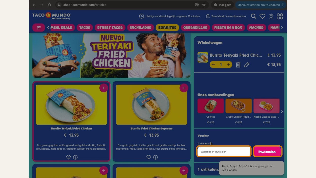 tacomundo afrekenscherm met kortingscodeveld